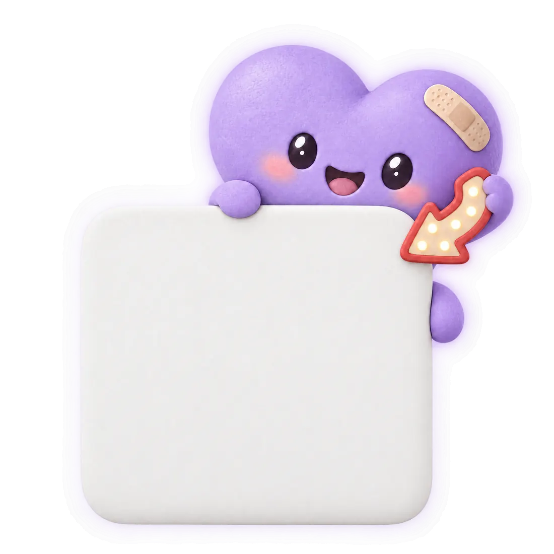 Bobo, the little heart with a band-aid, points a glowing arrow at the code